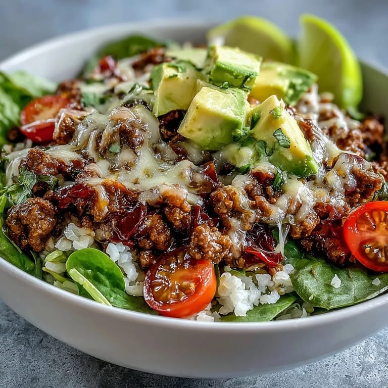 Close-up of a Low Carb Burrito Bowl featuring savory ground beef, tender cauliflower rice, cherry tomatoes, and shredded cheddar.