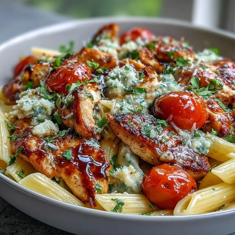 Twirled penne pasta coated in balsamic glaze with diced mozzarella and seared chicken highlights the vibrant colors of Bruschetta Chicken Pasta.