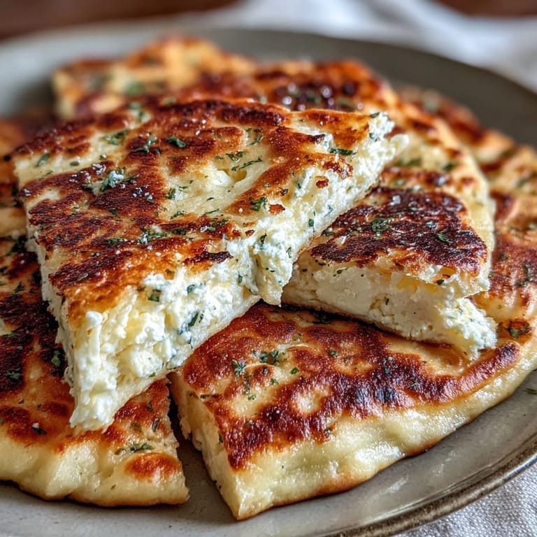 Homemade Fluffy Cottage Cheese Flatbread stacked high, with a side of creamy dip, on a rustic wooden table.