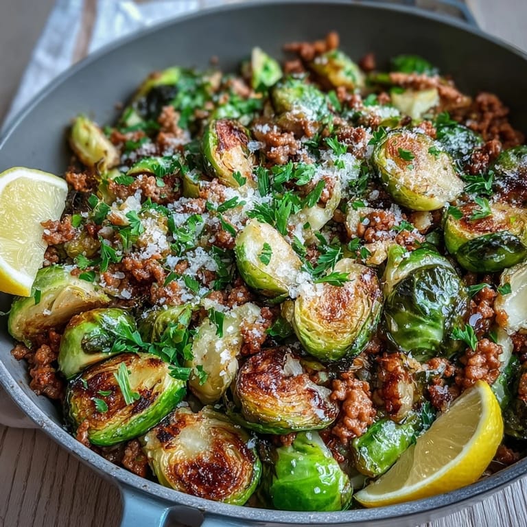 Ground turkey and crispy Brussels sprouts in a one-pan skillet, finished with Parmesan, ready for an easy weeknight dinner plate.