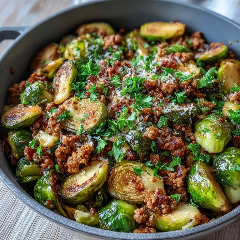 Brussels Sprouts & Ground Turkey Skillet with tender sprouts and garlic-scented turkey, a bright squeeze of lemon, and rustic serving style.