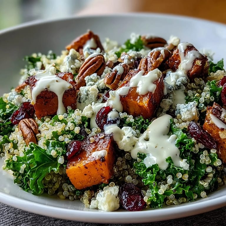 Served warm in rustic bowls, the Harvest Kale Quinoa Bowl combines roasted sweet potatoes, massaged kale, and savory blue cheese for a nourishing meal.