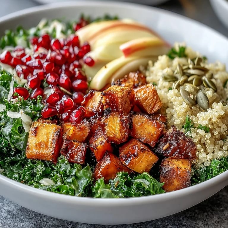 This Kale Harvest Grain Bowl shows diced apple and crunchy pepitas on a white bowl, ready to serve.