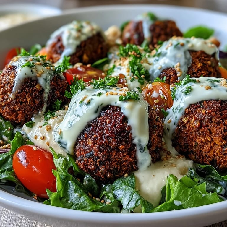 Colorful Mediterranean falafel bowl featuring hummus, mixed greens, pickled red onions, and toasted sesame seeds for crunch.