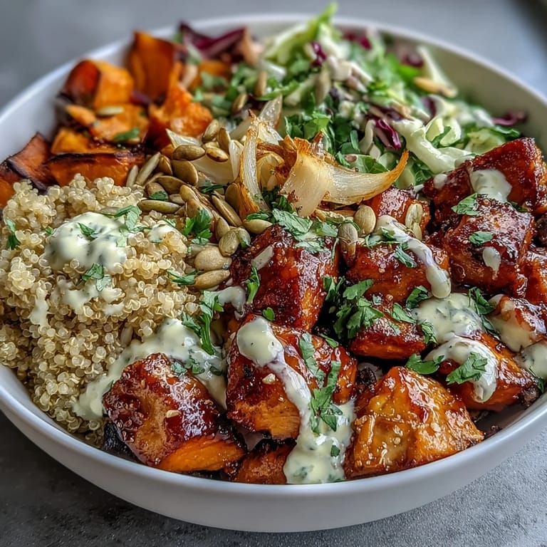 Diced roasted sweet potatoes and shredded red cabbage add vibrant color to this wholesome Hot Honey Chicken Bowl.