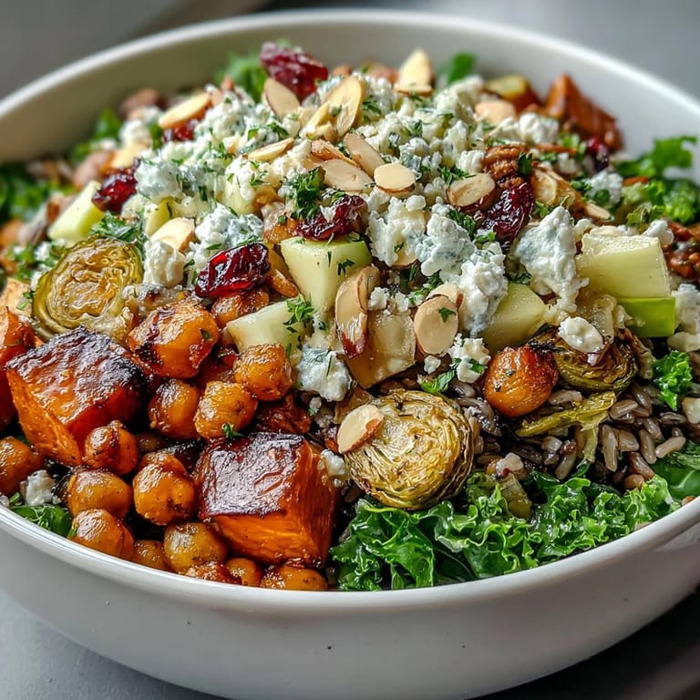 Warm Fall Harvest Bowl with crispy chickpeas, fresh celery, and drizzled maple Dijon dressing.