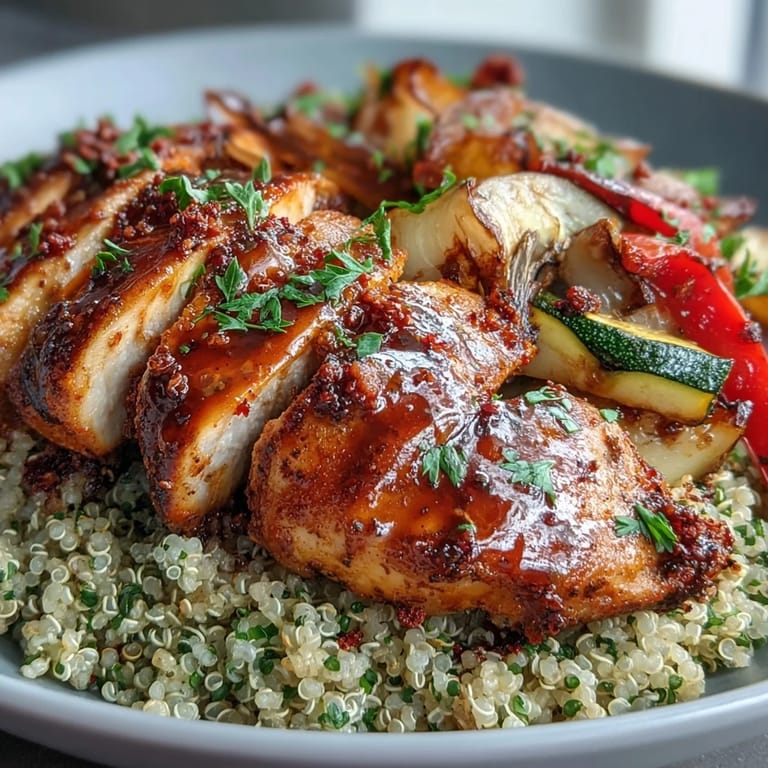 Rose harissa drizzles over tender paprika herb chicken with roasted veggies and quinoa, garnished with fresh parsley and lemon.