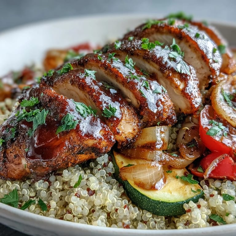 Colorful roasted vegetables accompany sliced paprika herb chicken and quinoa, finished with a creamy dollop of Greek yogurt.