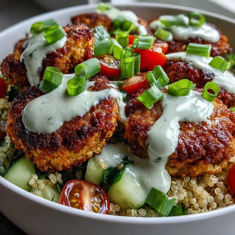 Healthy Falafel Quinoa Salad Bowl served as a vibrant main dish, showcasing golden-brown falafel, fluffy grains, and colorful vegetables under a creamy tahini drizzle.