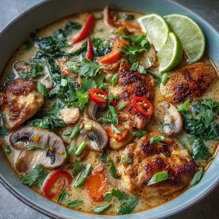 Warming Thai Coconut Curry Soup Bowl featuring colorful peppers and wilted spinach, ready to enjoy with chopsticks and a spoon.