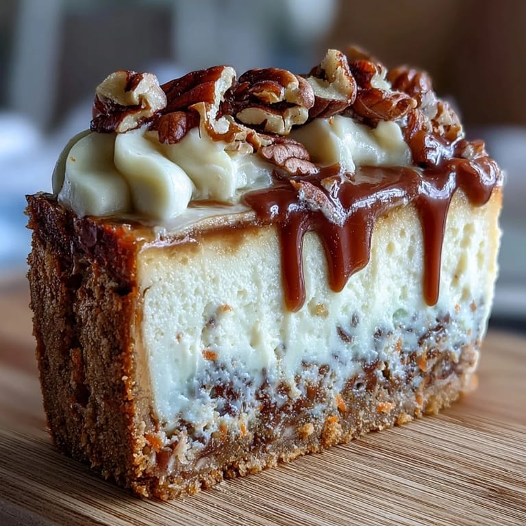 Creamy cheesecake atop spiced carrot cake, marbled and frosted, offering a luscious dessert for any occasion.