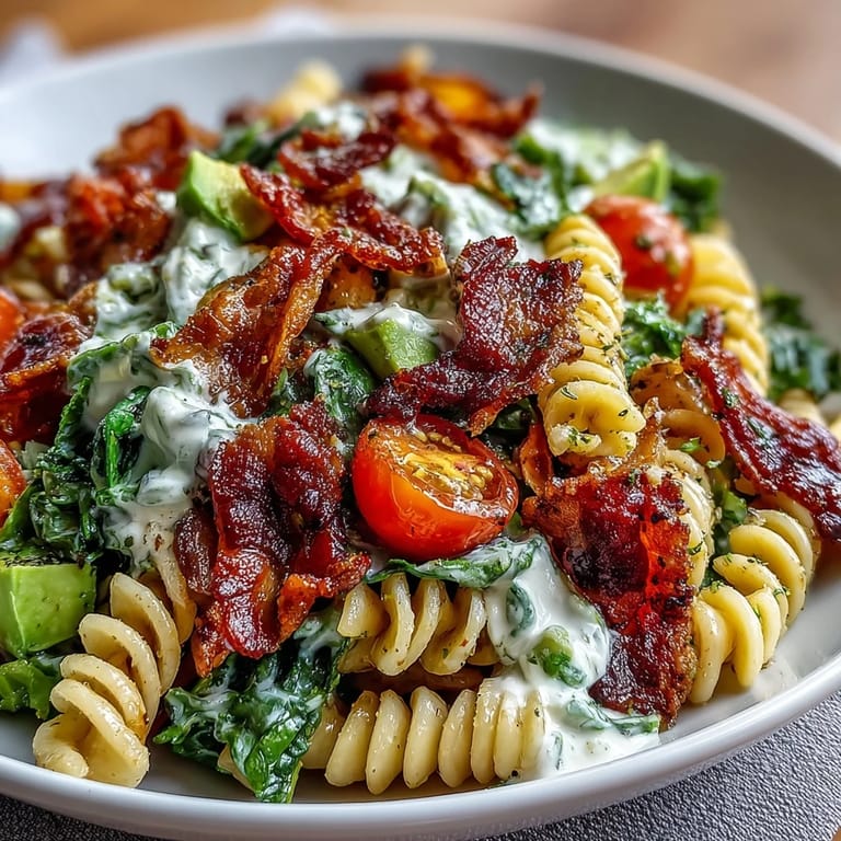 Creamy BLT pasta salad featuring crispy bacon, ripe avocado, and fresh lettuce, tossed in tangy dressing.