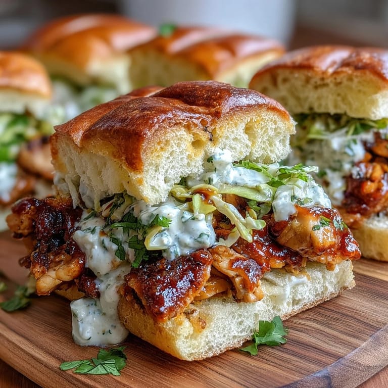 American-style BBQ chicken sliders piled high with creamy coleslaw, perfect for summer cookouts and holiday parties.  