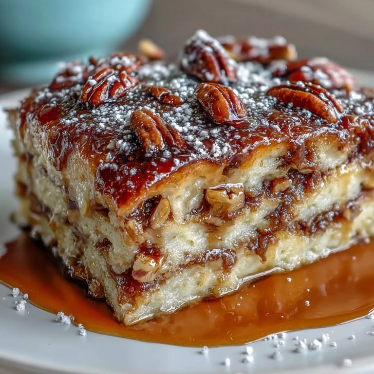 Baked pancake casserole with maple syrup swirl, topped with chopped nuts for a delightful brunch centerpiece.