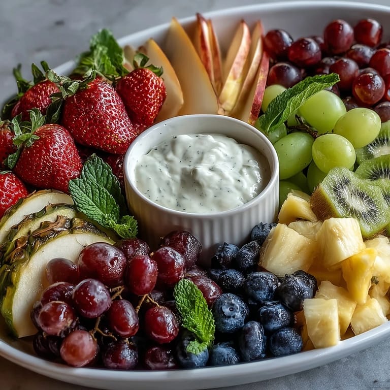 Spring fruit platter featuring blueberries, orange segments, and pear slices paired with refreshing honey-lemon yogurt sauce.