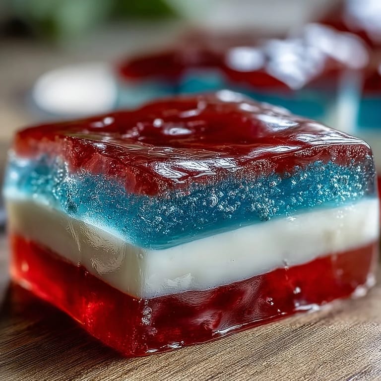 Festive red, white, and blue Jello cups with creamy white layers and bold berry flavors, chilled and ready to serve.