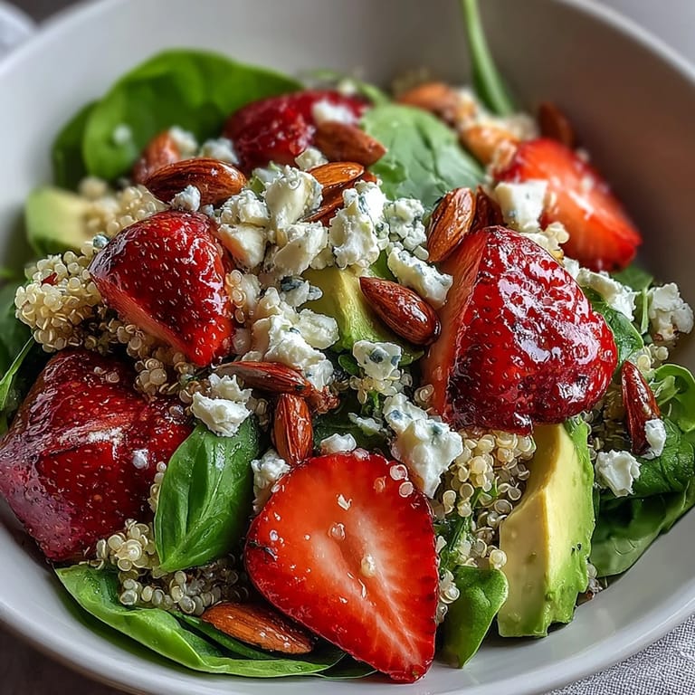 Refreshing quinoa salad with juicy strawberries, creamy avocado, and zesty lemon-maple dressing.  