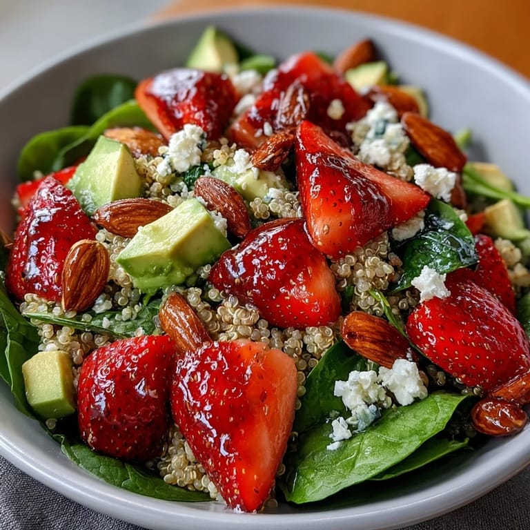Colorful strawberry avocado quinoa bowl topped with feta, basil, and crunchy toasted nuts.