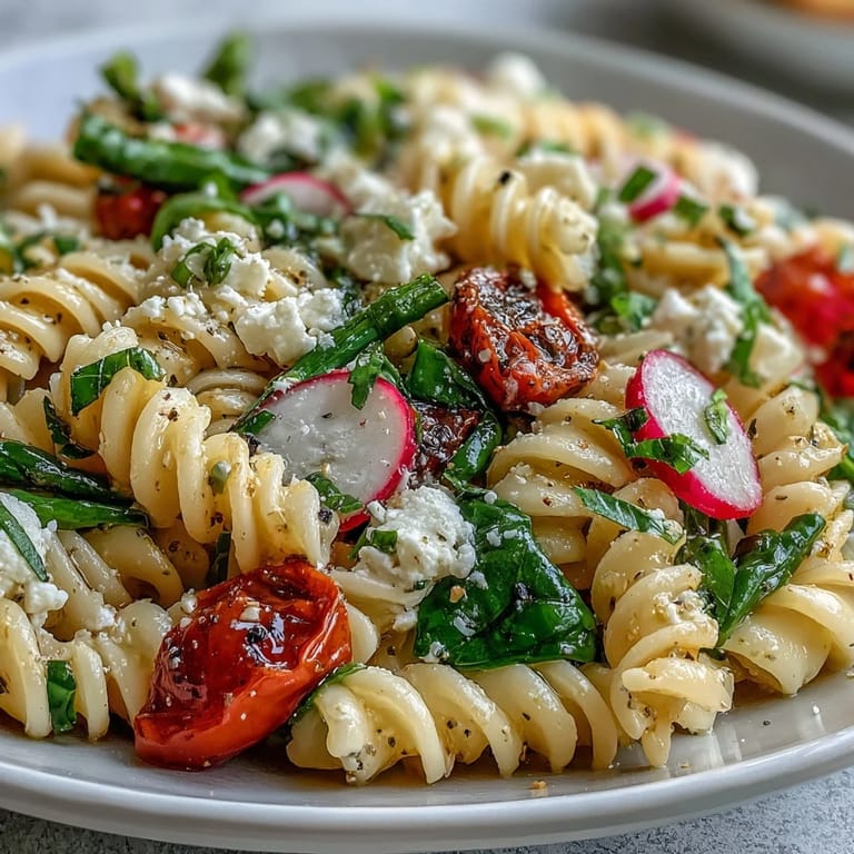 Bright spring pasta salad with lemon vinaigrette, crisp radishes and tender asparagus for a refreshing, light vegetarian meal.