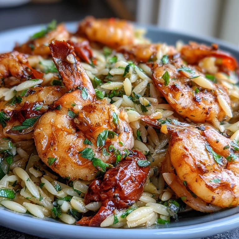 Juicy shrimp and tender orzo simmered in lemon butter with fresh vegetables for a bright Mediterranean dinner.