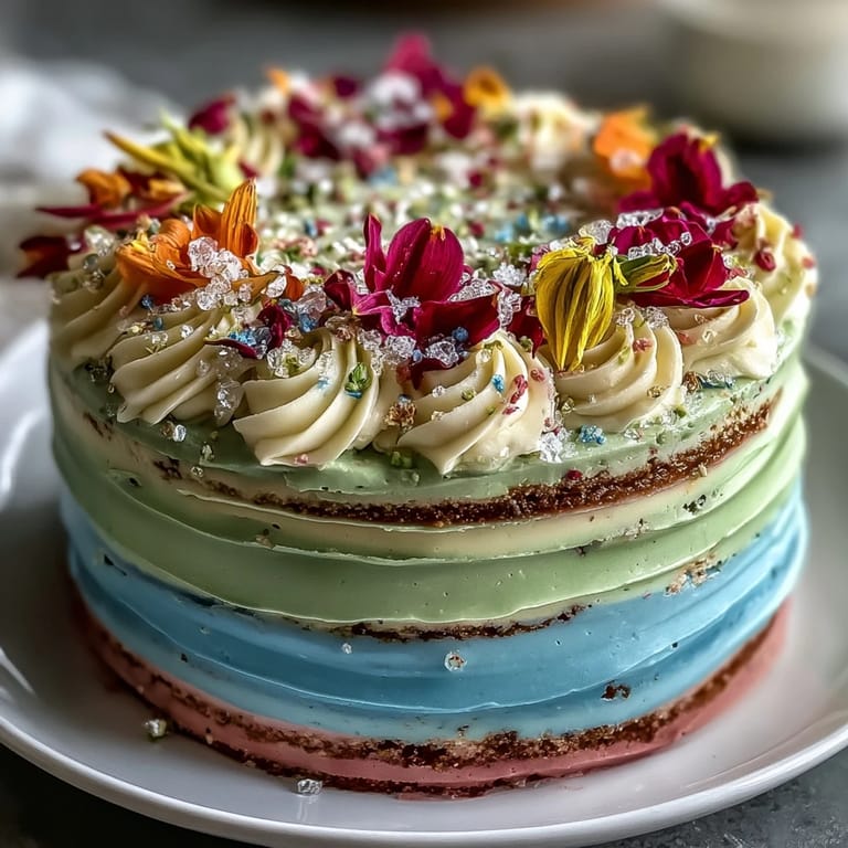 Elegant ombre cake with vibrant pastel colors and a charming arrangement of fresh edible flowers on top.