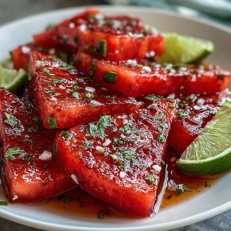 Chilled watermelon sticks sprinkled with Tajin and fresh lime create a bold, refreshing snack with the perfect balance of sweet and spicy.