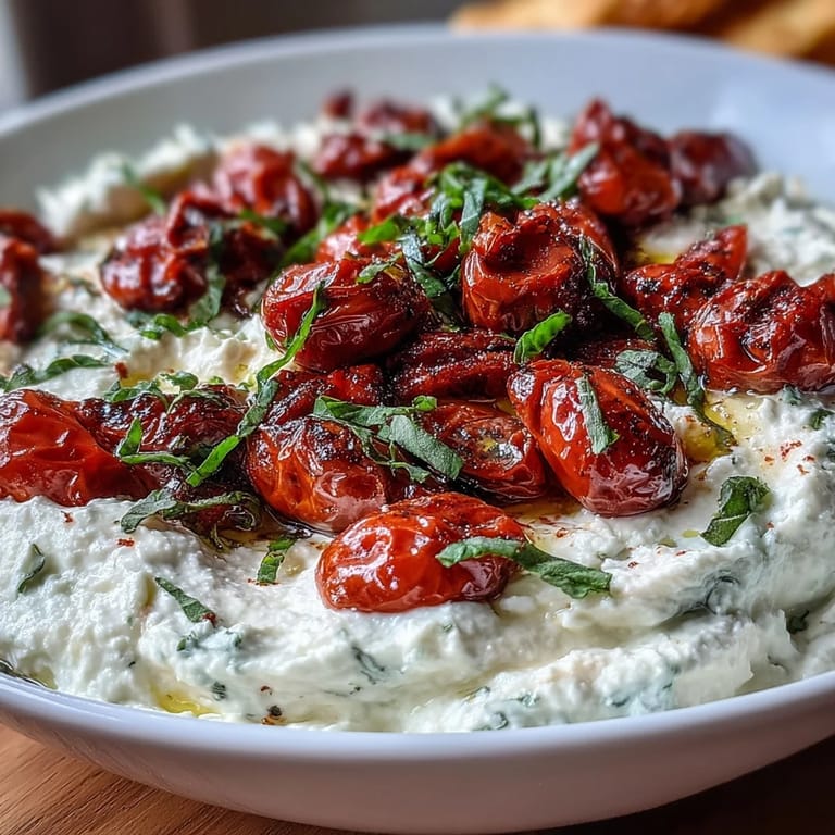 Creamy whipped feta topped with sweet, blistered cherry tomatoes, perfect for dipping with gluten-free crackers or crusty bread.