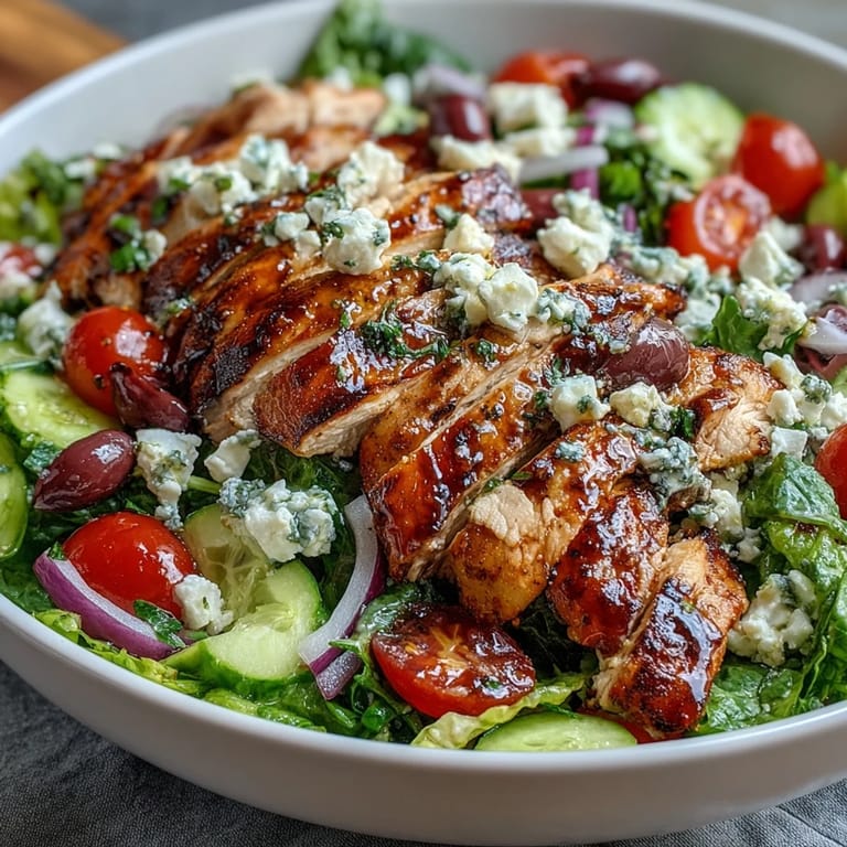 Classic Greek Salad Bowl with Grilled Chicken: hearty, protein-packed meal with crunchy cucumber, red onion, and creamy feta cheese.