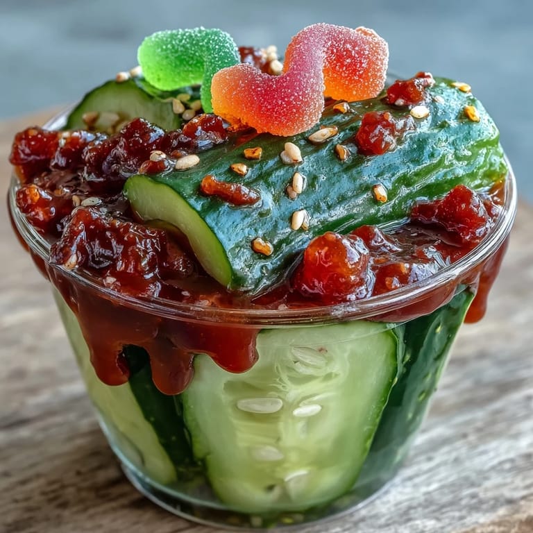 Viral Chamoy Pickle Kit in a cup, showcasing crunchy pickles, sweet fruit roll, and bold chamoy.