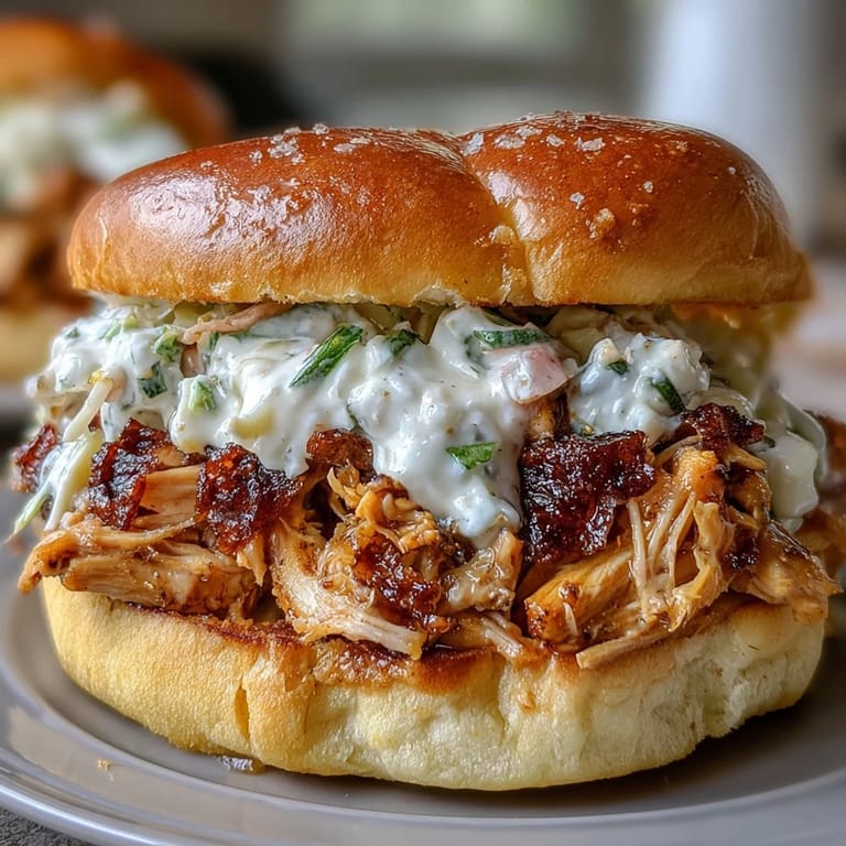 Juicy shredded chicken barbecue sandwich with tangy homemade white sauce on a bun.