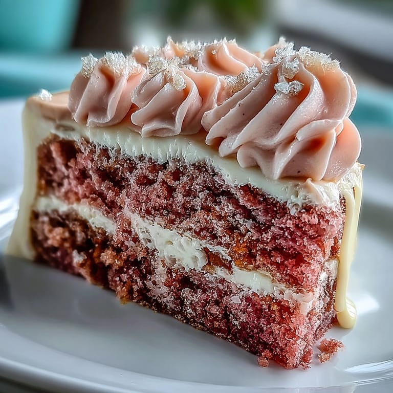 A stunning Rosé Velvet Cake perfection with rich frosting and shimmering gold details.