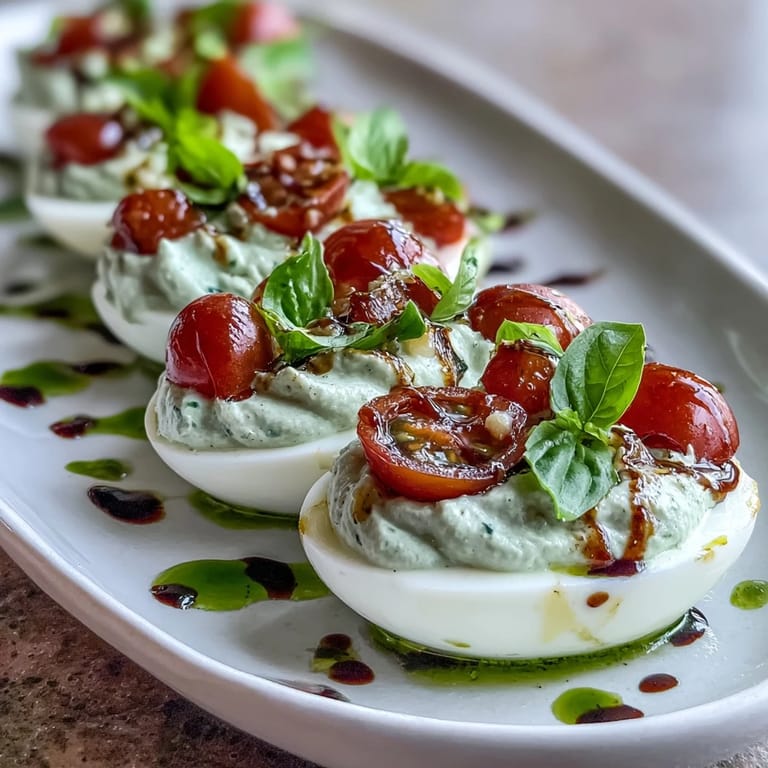 Creamy Caprese Deviled Eggs glistening with basil oil and colorful diced toppings.