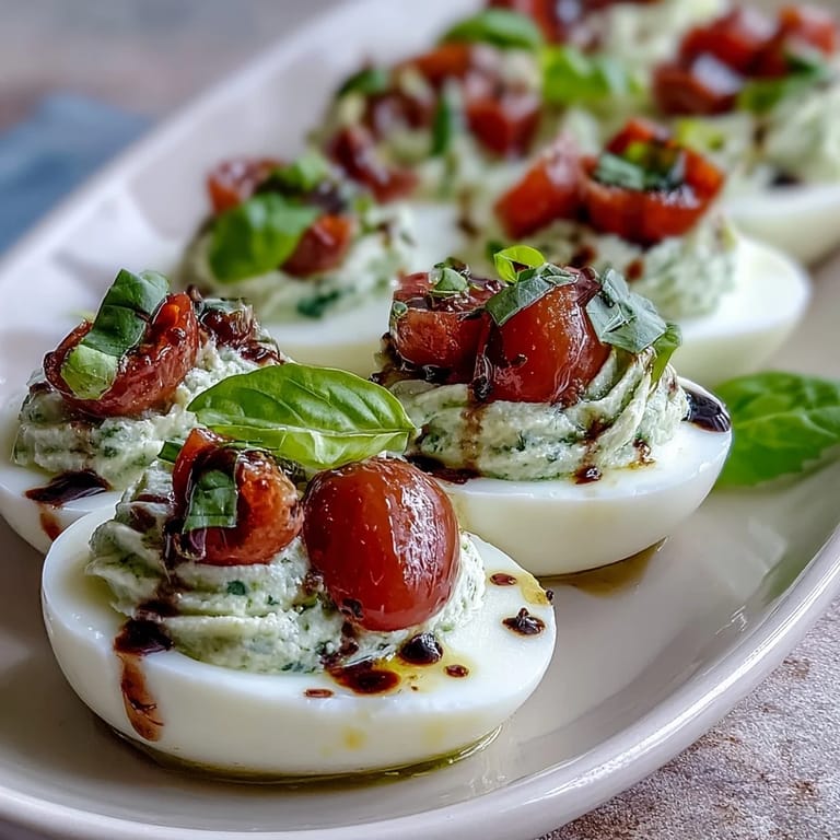 Italian-inspired Caprese Deviled Eggs ready to be served as a delicious appetizer.