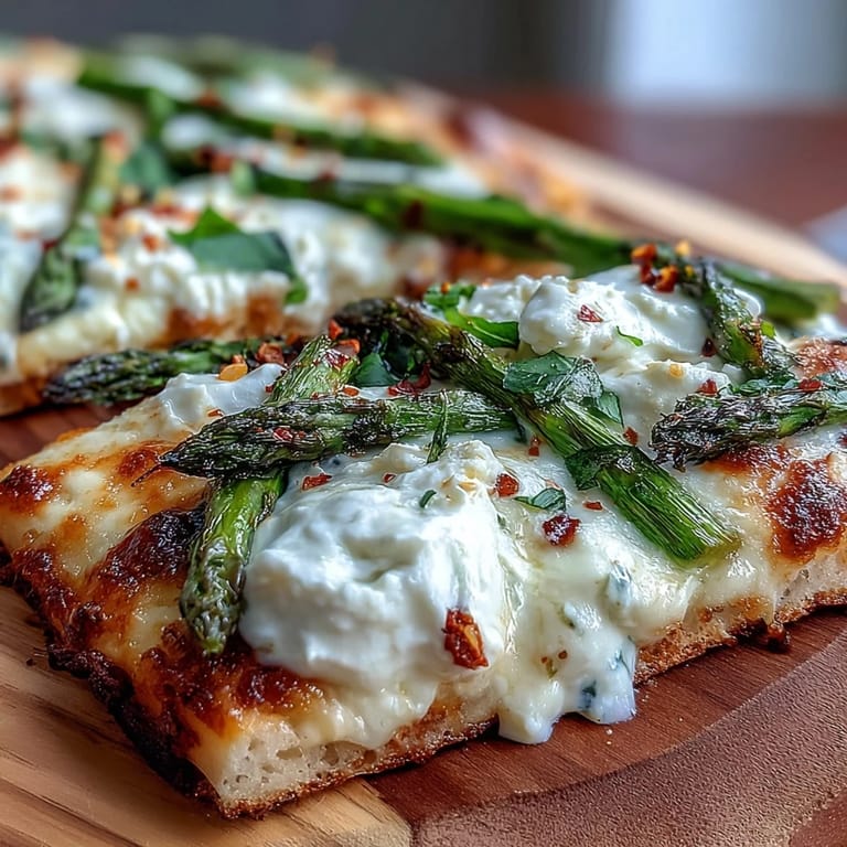 Vibrant Roasted Asparagus Flatbread showcasing burrata, lemon zest, and fresh basil, ready to serve.