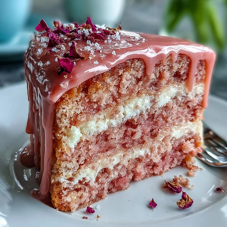 Soft, moist rosy cake, perfect for celebrations with a decadent gold drip.