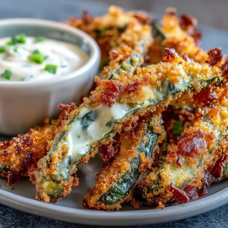 Tangy, crunchy pickle fries showcased with a vibrant swirl of spicy dipping sauce.