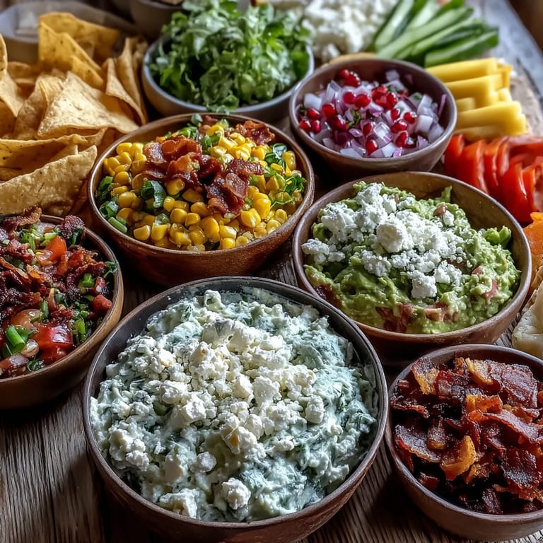 Platter showcasing fresh guacamole surrounded by five delicious topping options for customizing.