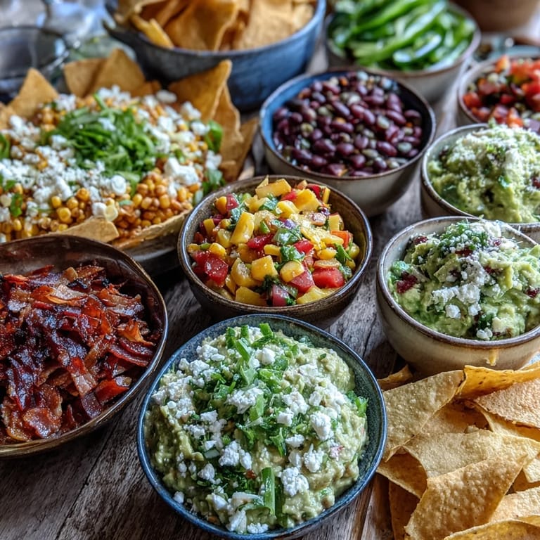 Enjoy a build-your-own guacamole bar with colorful toppings and tortilla chips for dipping.