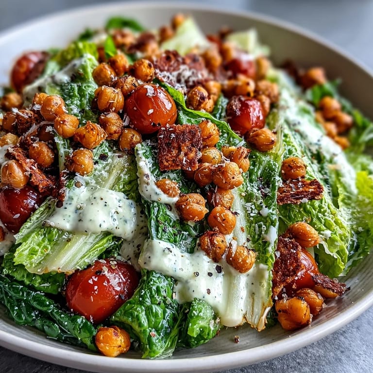 Delicious Vegan Caesar Salad topped with golden roasted chickpea croutons and vibrant greens.