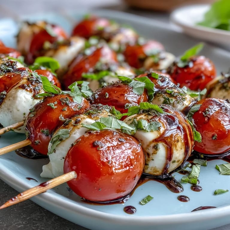 Fresh Caprese Skewers appetizer, showcasing cherry tomatoes and mozzarella with basil.