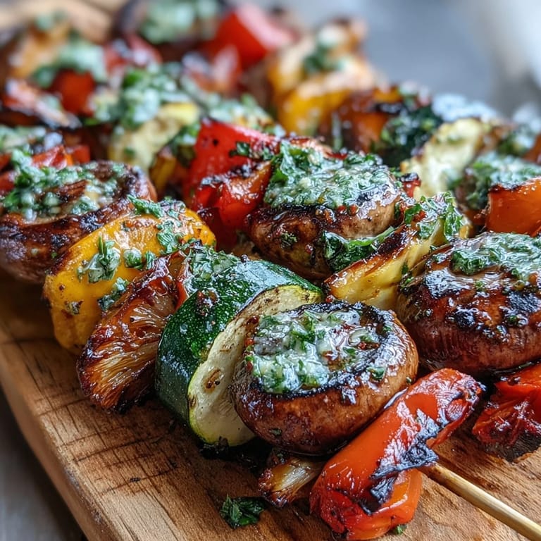 Perfectly charred grilled veggie kabobs piled high with vibrant, herby chimichurri sauce.
