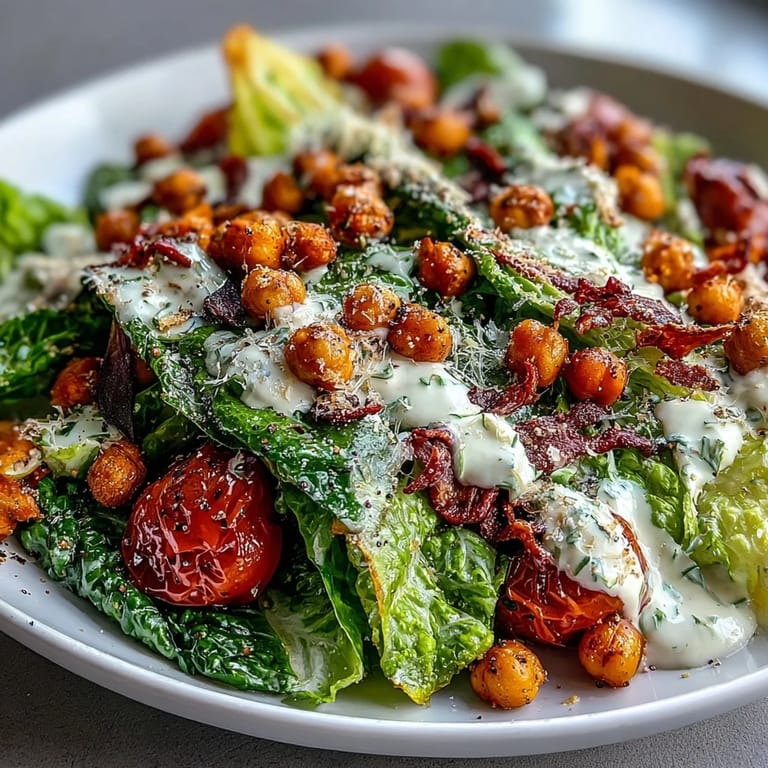 Hearty Vegan Caesar Salad featuring crunchy chickpea croutons and a zesty lemon dressing.
