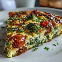 Golden-brown vegetable frittata baked in an oven-safe skillet with melted cheddar and fresh parsley garnish.  