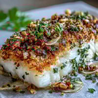 Golden-baked halibut fillets with fennel and crunchy lemon-walnut pangrattato topping on a plate.