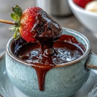 A close-up of Boozy Chocolate Fondue with strawberries, pound cake, and pretzels ready for dipping.
