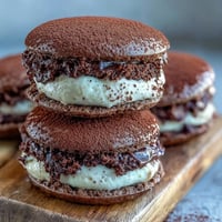 Two soft chocolate whoopie pies are filled with creamy coffee mascarpone and dusted with cocoa powder.