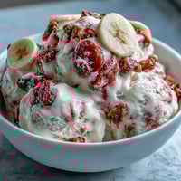 Frozen Strawberry & Banana Yoghurt Clusters on a tray with a creamy swirl and crunchy chips. 