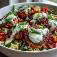 Golden baked falafel sits atop fluffy quinoa with cucumber, tomatoes, and green onion in a Falafel Quinoa Salad Bowl, drizzled with creamy garlic tahini sauce.