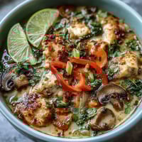 Steaming Thai Coconut Curry Soup Bowl with tender chicken, sweet carrots, and mushrooms in a rich red curry coconut broth.