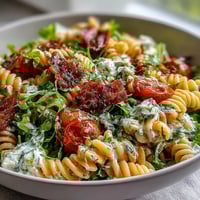 A vibrant BLT pasta salad with bacon, avocado, and cherry tomatoes, perfect for summer gatherings.